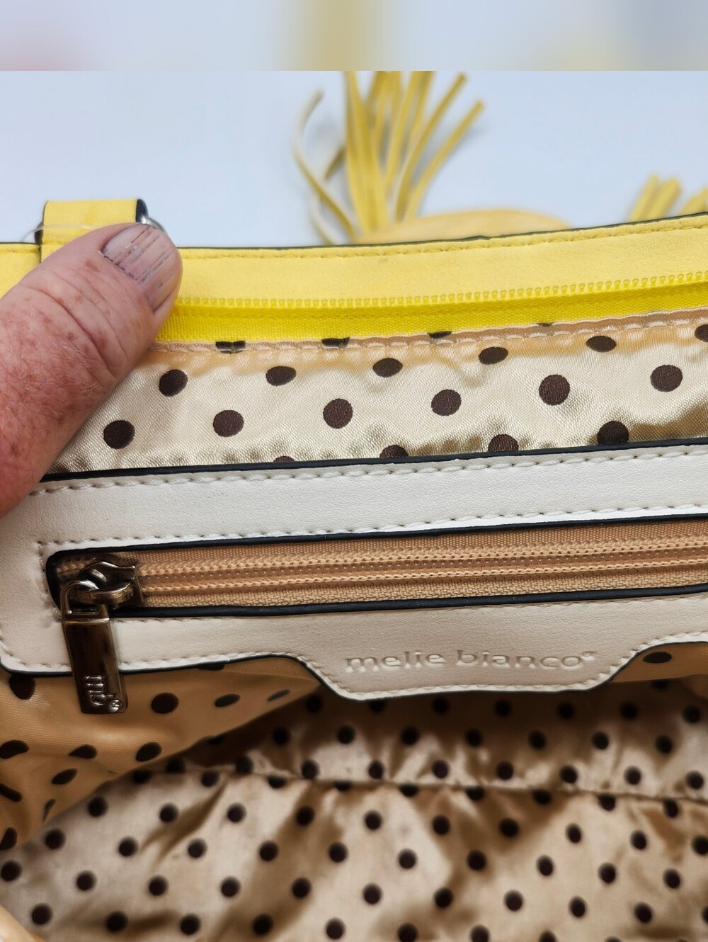 Melie Biiano Yellow Black White Striped Studded Satchel Tassels Luxury Vegan - Picture 6 of 7